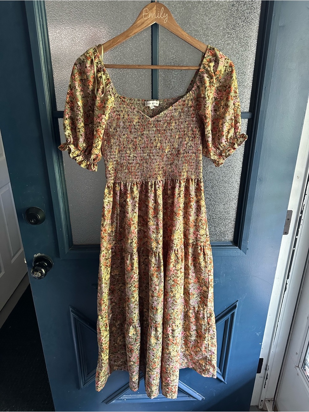 Floral Puff-Sleeve Smocked Midi Dress - Yellow Floral